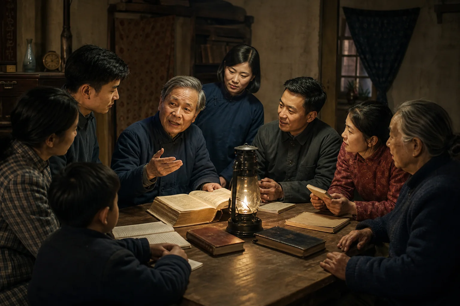 华人家庭教会跨代查经与共同学习的教学插画